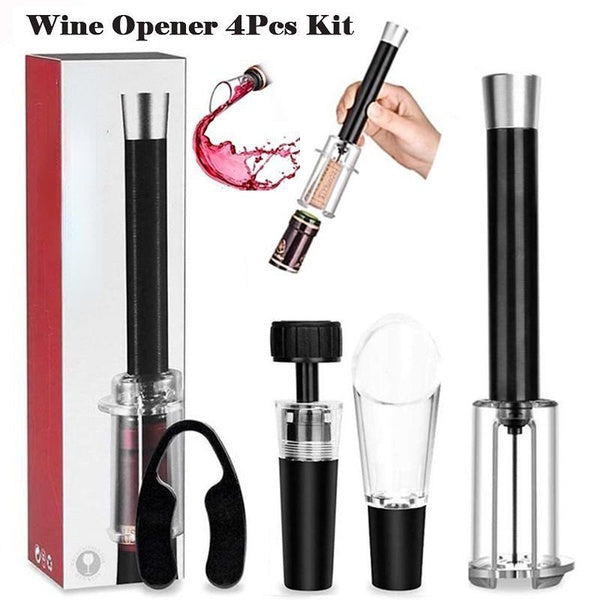 New 4Pcs Kit Wine Opener Air Pressure Bottle Opener Wine Cork Remover Corkscrew Wine Pourer Wine Vacuum Stopper Foil Cutter Wine Accessory Gift Set