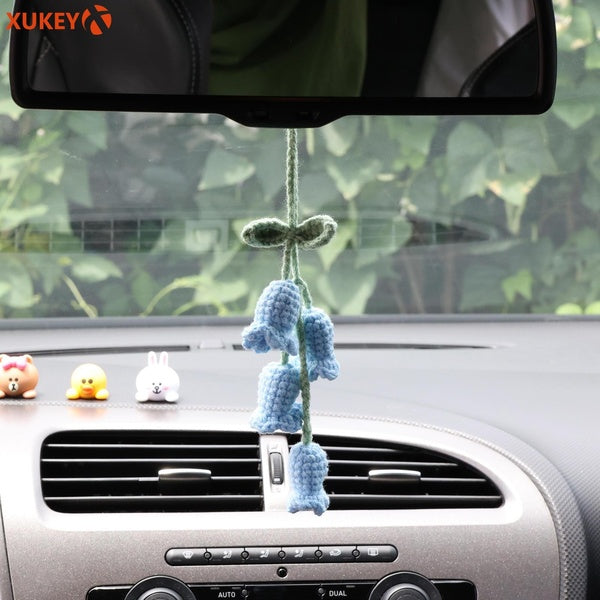 XUKEY Mignon Crochet Tricoté Cloche Fleur Pendentif Sac Porte-clés Pour Voiture Rétroviseur Suspendu Décoration De Voiture Charme Porte-clés Anneau
