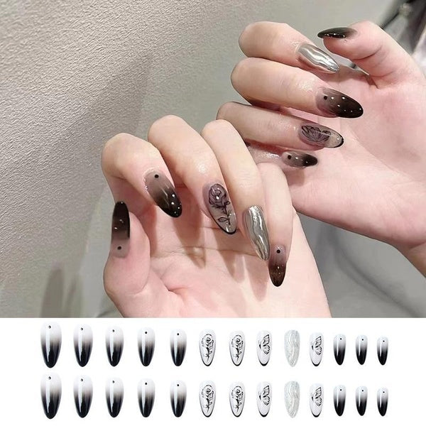 Ombre Black Fake Nails Almond Press on Nails Rose Design Glossy UV Gel Covered Artificial Acrylic Nail Tips for Girls Women Quick Manicure At Home 24