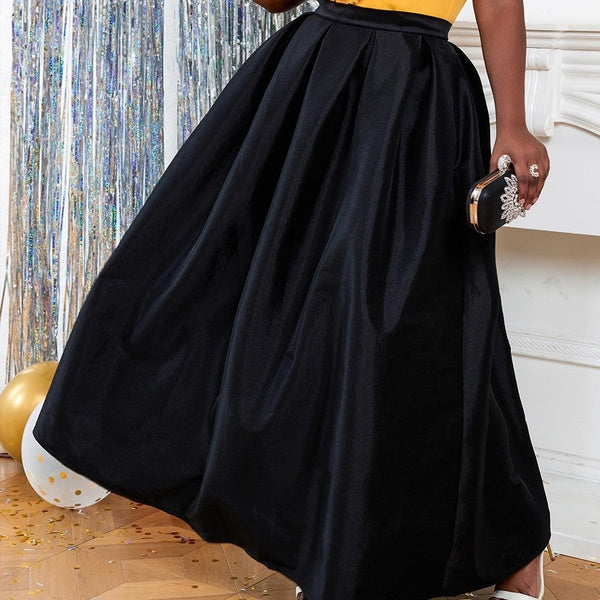 Women Maxi Black Skirt High Waist A Line Zipper Pleated Skirts Simple and Elegant Formal Celebrate Occasion African Plus Size