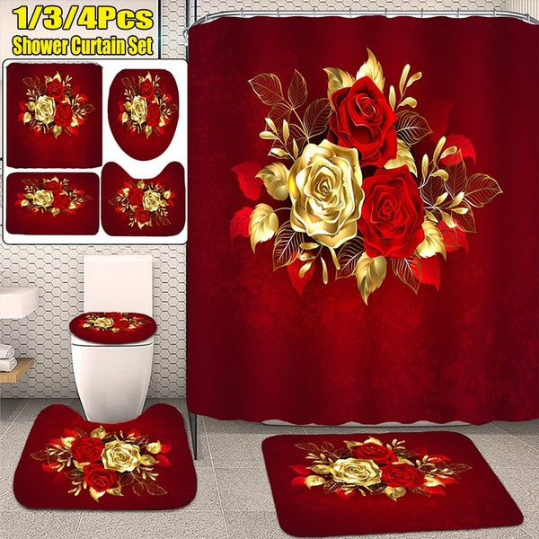 4-3-1 Pcs Bathroom Decor Shower Curtain Set Bathroom Rugs Red Rose Print Waterproof Shower Curtain Non-slip Mats Bath Carpets Toilet Seat Cover Floor