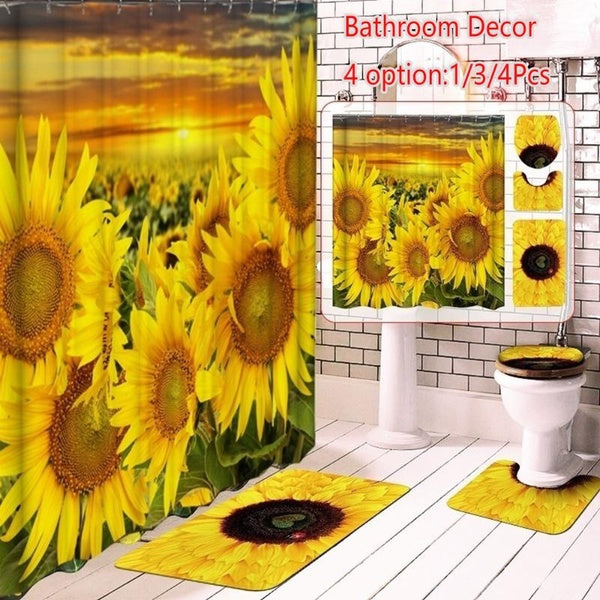 New Fashion 3D Printing Sunflowers Bathroom Shower Curtain Sets with Non-Slip Rugs, Toilet Lid Cover and Bath Mat, Flower in The Sunset Shower Curtai