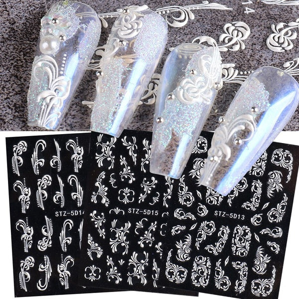 5D Blanc Dentelle Acrylique Fleurs Nail Art Autocollant Decal En Relief Conception De Mariage Adhésif Polonais Curseur Charmes Manucure JISTZ5D01-16