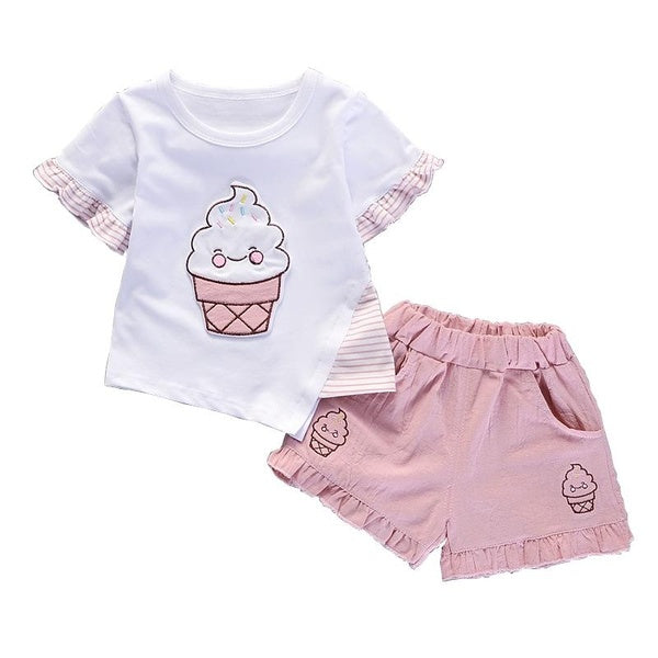 1-4T Kid Girl Clothes Summer Short Sleeve Cartoon Ice Cream Cherry Print T-shirt+Pant 2pcs Baby Set Children Outfit Kid Tracksuit Casual Girl Sport S