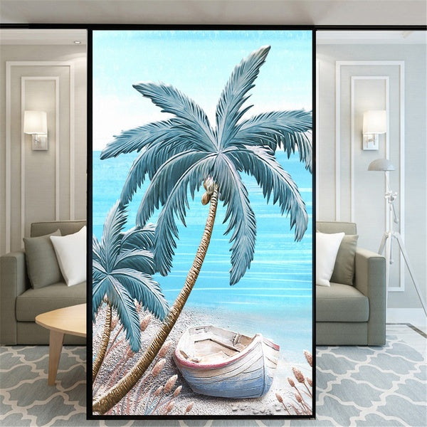 Window Film Frosted Stained Window Film Static Cling No Glue Window Privacy Film Coconut Beach Pattern Privacy Window Decals Window Stickers 60 Sizes