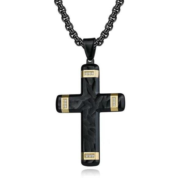 Collier pour homme avec pendentif croix en acier inoxydable doré noir, poisson martelé, rond, zircone cubique, chaîne de 61 cm