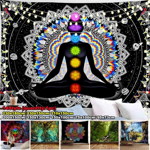 Tapisserie Sept Chakra Mandala Tapisserie Trippy Noir et Blanc Tapisserie Espace Céleste Tapisserie Arbre Champignon Tapisserie Boho Yoga Méditation