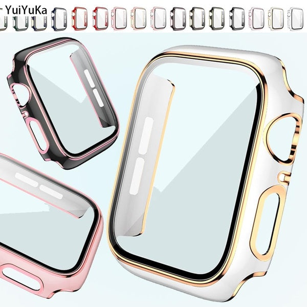 YuiYuKa PC Case +Tempered Glass for Apple Watch 8 7 45mm 41mm 44mm 40mm 42mm 38mm Screen Protector Bumper Film Protective Cover Accessories for iwatc