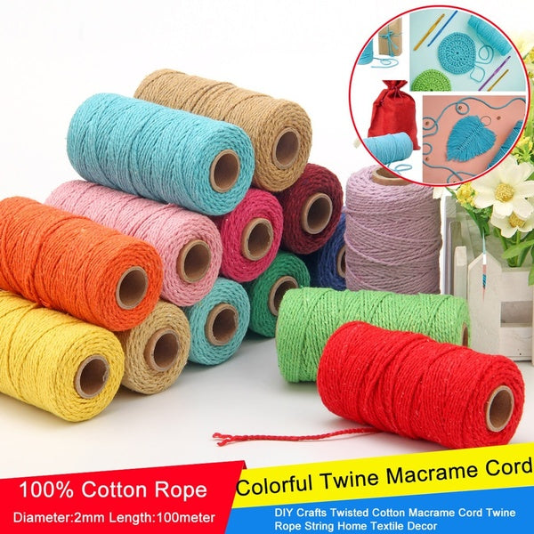 100M-Roll 2mm Cotton Rope Colorful Twine Macrame Cord Rope String Thread DIY Crafts Braided Twisted Cotton Home Textile Decor
