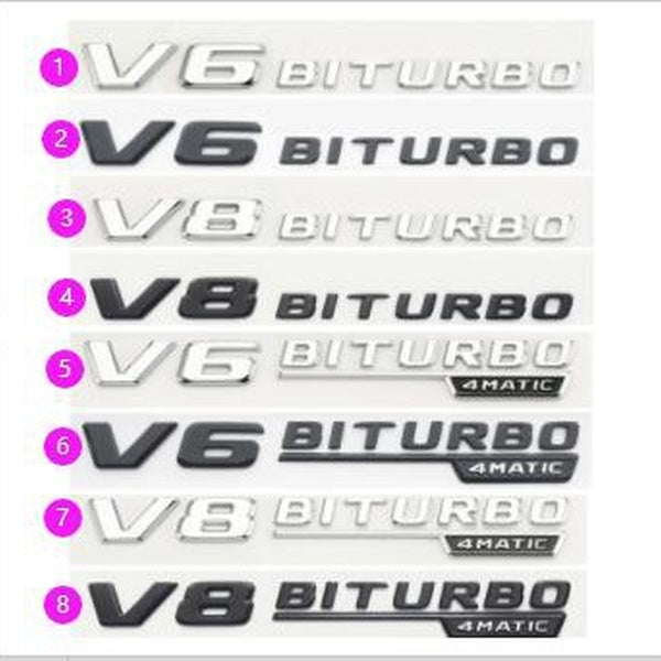 2pcs Car Logo Rear Badge Decal Tail Trunk Sticker V6 V6BITURBO V8 BITURBO Accessory Shape 3D Logo Silver