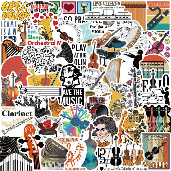 10-25-52PCS Music Instrument Sticker Violin Graffiti Stickers Water Bottle Laptop Phone Bicycle Luggage Case Skateboard Children Adult Sticker