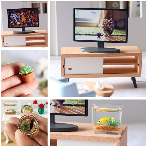 1:12 Dollhouse Mini TV-Cabinet-Fish Tank-Plant Miniatures Modem Dollhouse Furniture Accessories Kids Toy Matron Inn