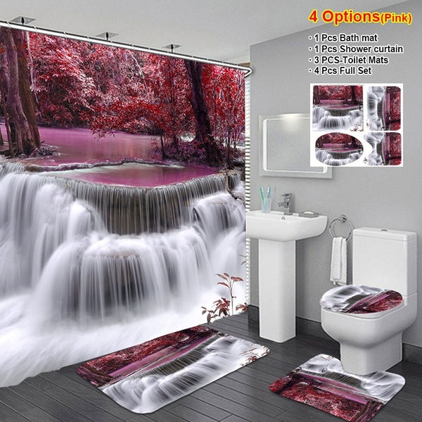 3D Forest Waterfall Shower Curtain Set Decro Waterproof Shower Curtain+ Non Slip Bathroom Pedestal Rug + Toilet Lid Cover + Floor Mat Bath Mat with 1