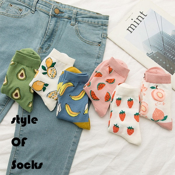 Autumn and Winter Fashion Cute Socks Ins Trendy Women Trendy Men Neutral Cartoon Fruit Cotton Watermelon Lemon Strawberry Banana Avocado Ladies Korea
