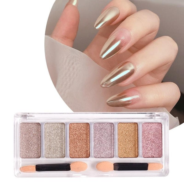 6 Colors Solid Aurora Mirror Nail Glitter Powder, UV Gel Polish Pigment, Nail Art Decorations Accessories with Sponge Stick