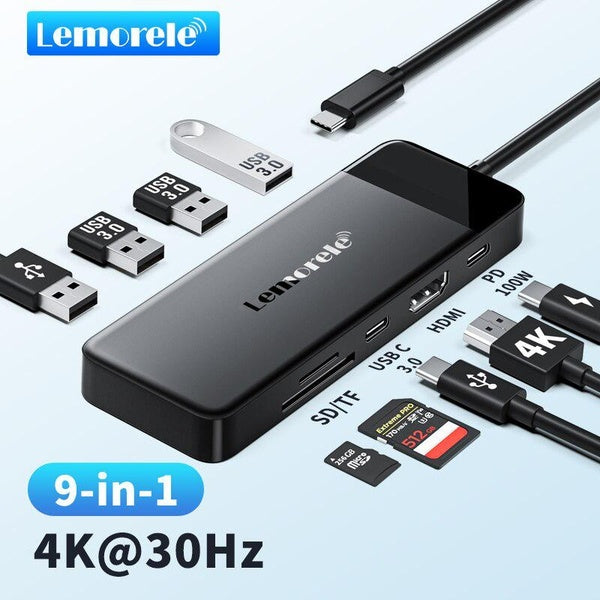 Lemorele 9 in 1 USB C Hub Type C Adapter 4K 30Hz HDMI 100W PD with SD-TF Card Slot for for Macbook Laptop Windows