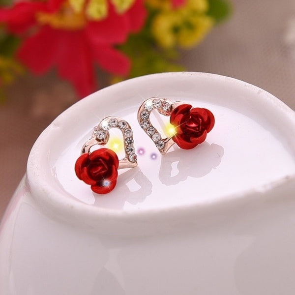 Exquisite Heart Zircon Rose Ear Studs Charming Jewelry Valentine's Day Gift Lovely Heart Zircon Rose Jewelry Valentine's Day Gift Engagement Women's