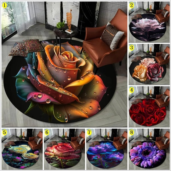3D Luxury Flower Rose Daisy Nordic Round Carpet Rug Non-slip Mat for Living Room Bedroom Child Playroom Chair Decor Pet Area Rug