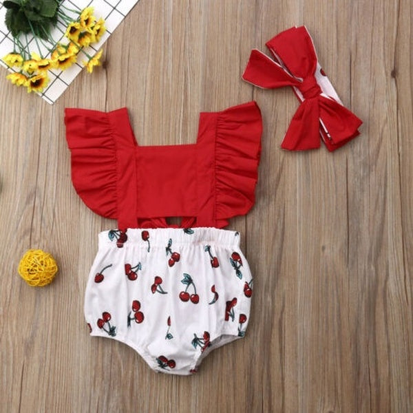 Newborn Infant baby Girl Cherry Romper Summer Ruffle Bow Jumpsuit Headband Outfits