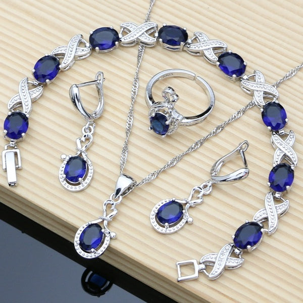 Women 925 Silver Jewelry Sets Blue Sapphire Gemstone Wedding Women Adjustable Ring Long Earrings-Pendant-Necklace-Bracelets