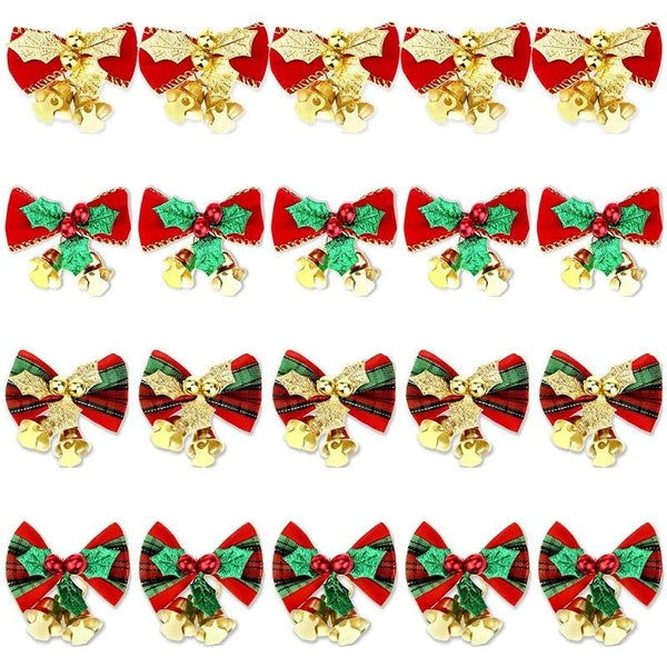 8-20 PCS Christmas Bow with Bells Xmas Tree Hanging Wreath Decorations Bowknot Ribbon Bows for Christmas Tree Gifts Decor Charms Ornaments