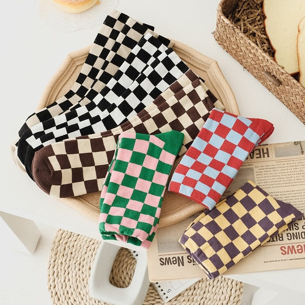 Woman Street Fashion Cotton Socks Hip Hop Skateboard Men Socks Fun Plaid Checkerboard Pattern Socks