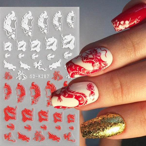 5D Red Dragon Nail Stickers Black White Dragons Chinese Character Snake Nail Decals New Year Charms Manicure Sliders NT5D-K287