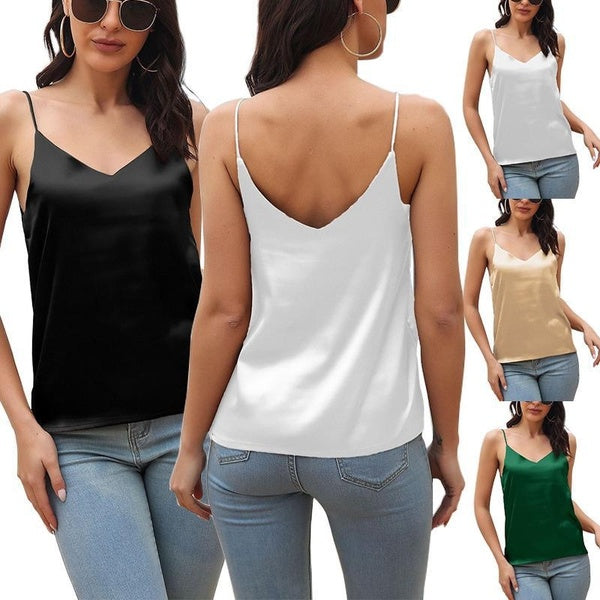 Été femmes soie Satin débardeur col en V caraco Cami Spaghetti sangle haut lâche sans manches Blouses débardeur chemise
