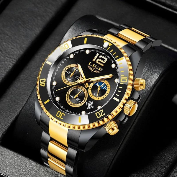 LIGE Montres Hommes Top Marque De Luxe En Acier Inoxydable Horloge Casual 24 heures Phase De Lune Cadran Hommes Montre Sport Étanche Quartz Chronogra