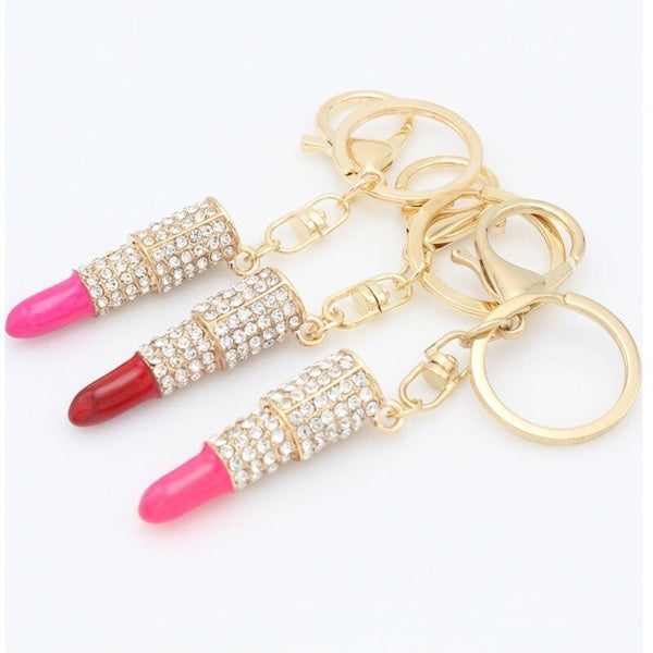 Full Rhinestone Lipstick Red Keychain Bag Pendant Key Chain For Woman Gift