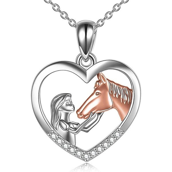 Creative Design Deux Tons Fille et Cheval 925 Sterling Silver Heart Pendentif Collier pour Femmes Animal Collier Bijoux Cadeau