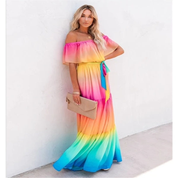 New Summer Fashion Gradient Printed With Seven Colors Rainbow One-word Shoulder Belt Big Swing Dress for Woman