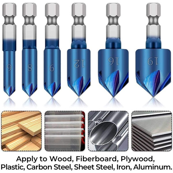 6pcs HSS Countersink Drill Bit Set 6-19mm Igh Speed Steel Wood Drill Bits 90 Degree Countersink Bit Chamfer Tool
