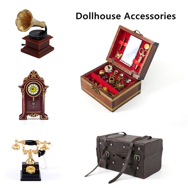 1: 12 Doll House Handicraft Model Vintage Suitcase-Jewelry Box Retro Telephone Mini Desk Clock Dollhouse Accessories