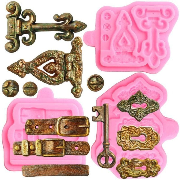 Vintage Lock Key Hinges Screws Belt Straps Fondant Silicone Mold Chocolate Candy Molds Cake Decorating Polymer Clay Resin Moulds