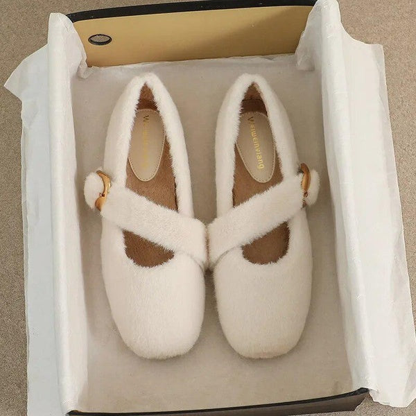 Chaussures plates en peluche pour femmes, style coréen, boucle de ceinture, tenue de bureau, mary jane, bateau décontracté, 41-43, hiver
