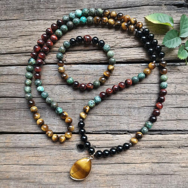 8mm African Turquoise Stone Beads,Tigers Eye Pendant,Awaken,Spiritual Jewelry,Prayer Bracelet,Yoga Necklace,Meditation Beads