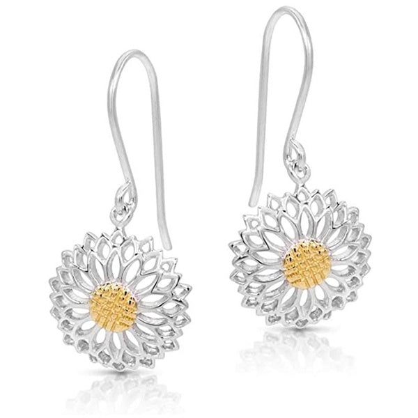 Boucles d'oreilles pendantes en forme de tournesol creuses bicolores plaquées argent, boucles d'oreilles à crochet de fiançailles hypoallergéniques p