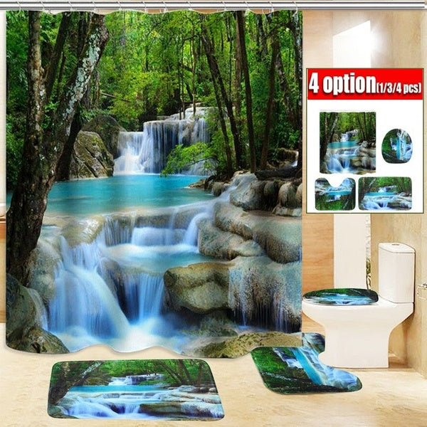 1-3-4pcs Bathroom Set 3D Waterfall Scenery Waterproof Shower Curtain Anti-slip Bath Mats Carpets Pedestal Rugs Toilet Seat Cover
