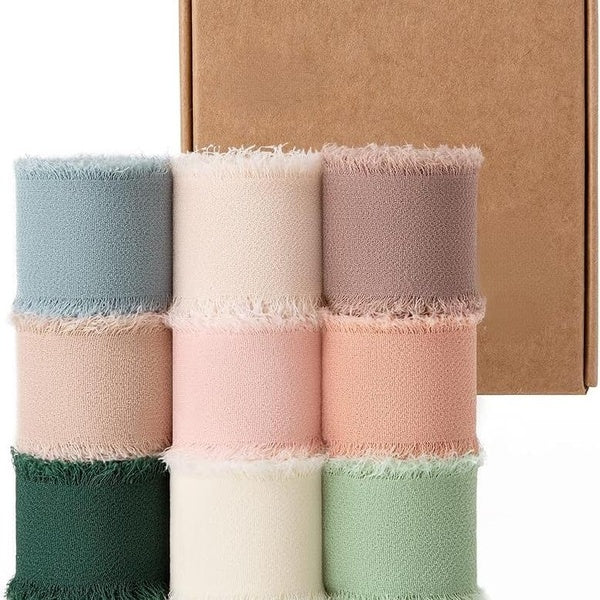 Chiffon Ribbon Set with 3- 9 Rolls of Fringe Fabric for Gift Wrapping and Bow Making