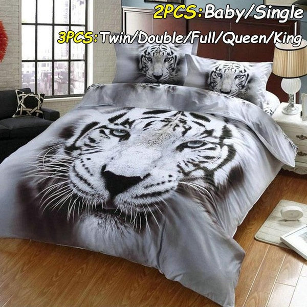 3D Animal Series Tiger Printed Bedding Set Lifelike White Tiger of Duvet Cover Set Bedding Set with Tiger Bedspread and Pillowcase (Baby-Single-Twin-