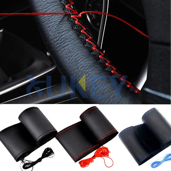 Black - Red - Blue DIY PU Leather Car Auto Steering Wheel Cover With Needles and Thread Breathable Anti Non Slip Universal 38cm