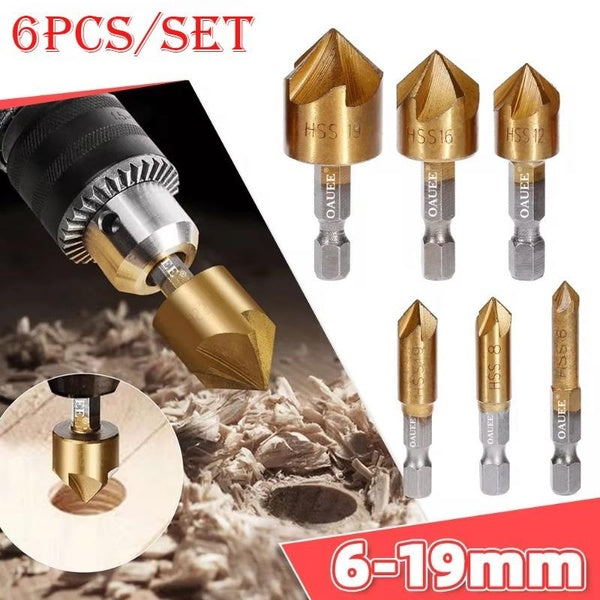 6Pcs Countersink Drill Bit Set 1-4'' Hex Shank HSS 5 Flute Countersink 90 Degree Wood Chamfering Cutter Chamfer 6mm-19mm