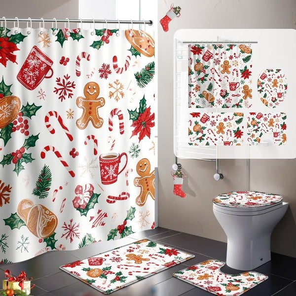 Bathroom Shower Curtain with Hooks Christmas Rugs Non-Slip Bath Mat,Contour Mat and Toilet Mat Floor Mat Home Decor 1pc-4pcs
