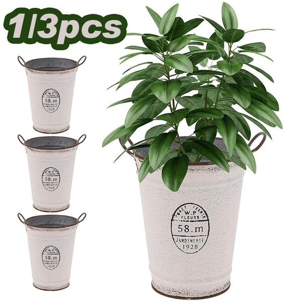 1-3Pcs Round Iron Flower Bucket Iron Vintage Flower Bucket Rustic Metal Planters with Handles Vintage Tin Plants Container Country Style Iron Flower