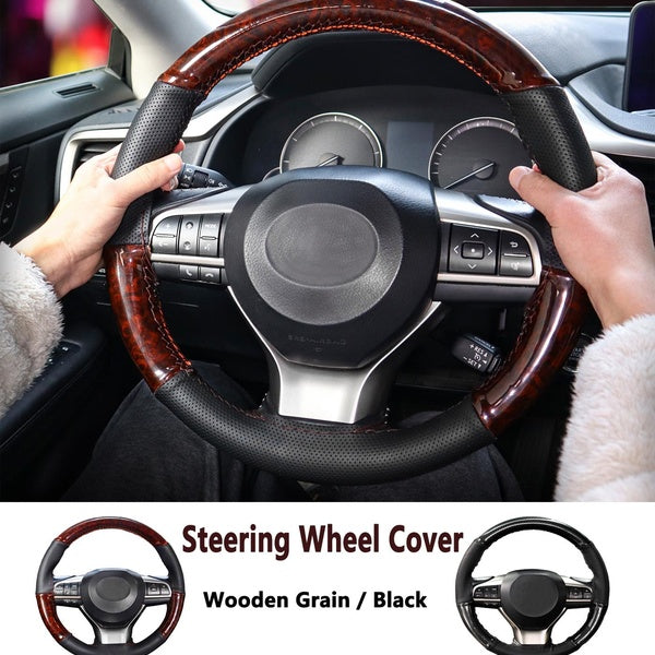 38cm 15" Coffee Wood-Black Glossy Carbon Fiber Fashion Sport Hand Stitched Steering Wheel Cover Non-slip Leather Braid Sew DIY Car Interiors