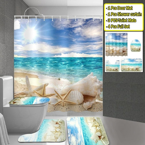 Hawaii Scenery Ocean Beach Scenery Blue Sky Sea Starfish Conch Bathroom Shower Curtain Set Waterproof Shower Curtain+ Non Slip Bathroom Pedestal Rug