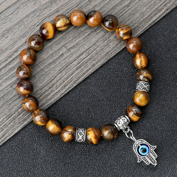 8mm Natural Tiger Eye Stone Bracelets Retro Blue Eye Bracelet Fatima Hand Evil Eye Beaded Bracelet Bracelet Gifts Yoga Buddhist