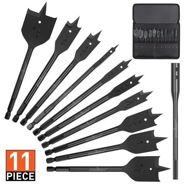 Ensemble de forets à bois 11Pc Extension de perceuses plates à bêche avec clé hexagonale + pochette de transport