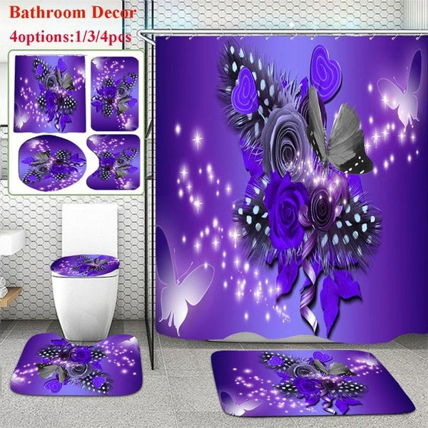 Purple Rose Flower Butterfly Bathroom Shower Curtain Set Waterproof Shower Curtain Toilet Covers Bath Mats Non-slip Carpet Bathroom Decor with 12 Hoo